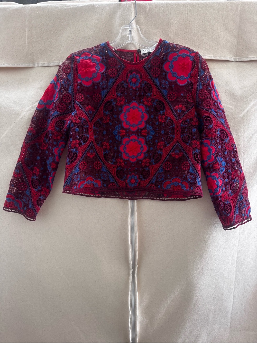 Sandro Red and Blue Embroidered Lace Top